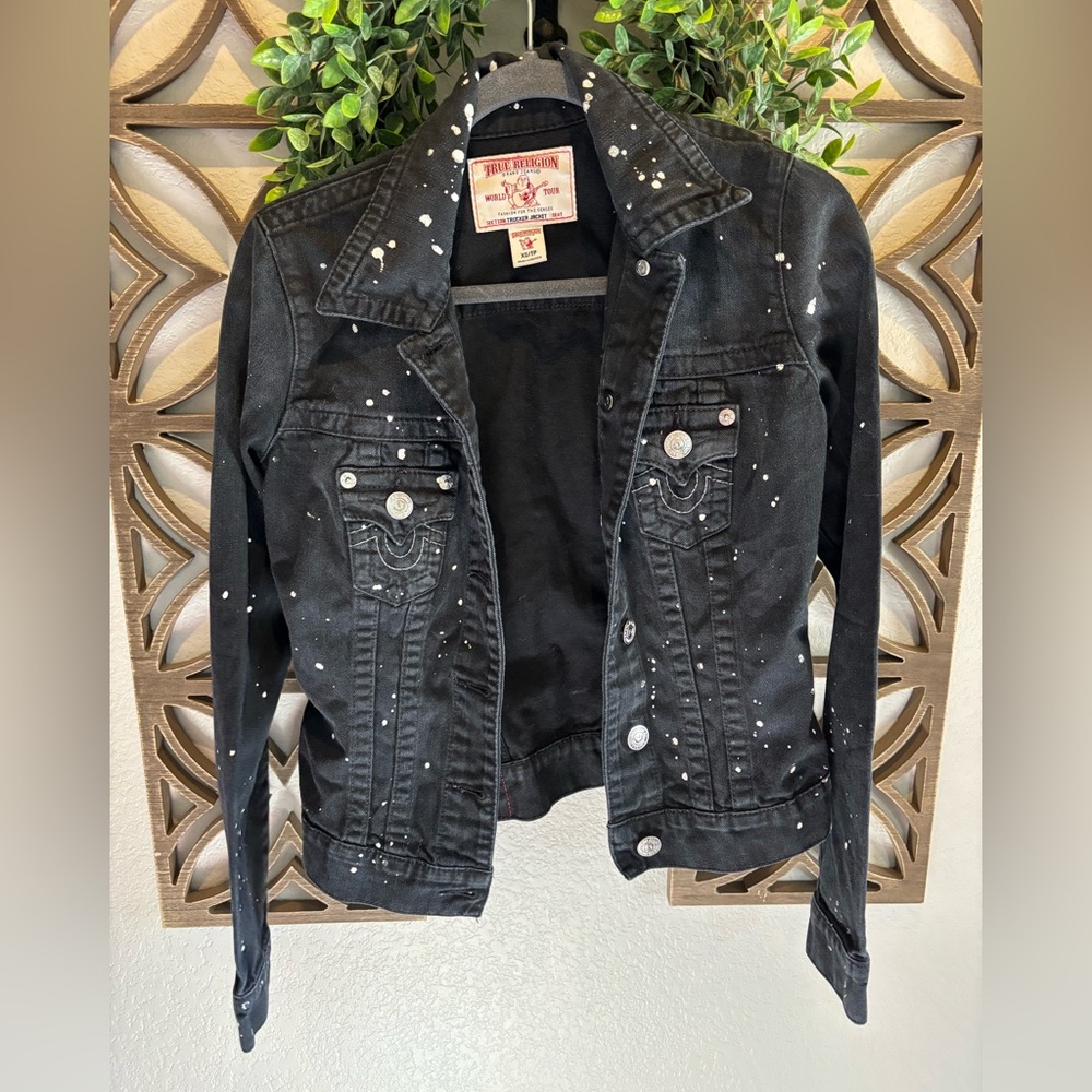 True Religion Women's Black Paint Splatter Trucker Denim Jacket XS